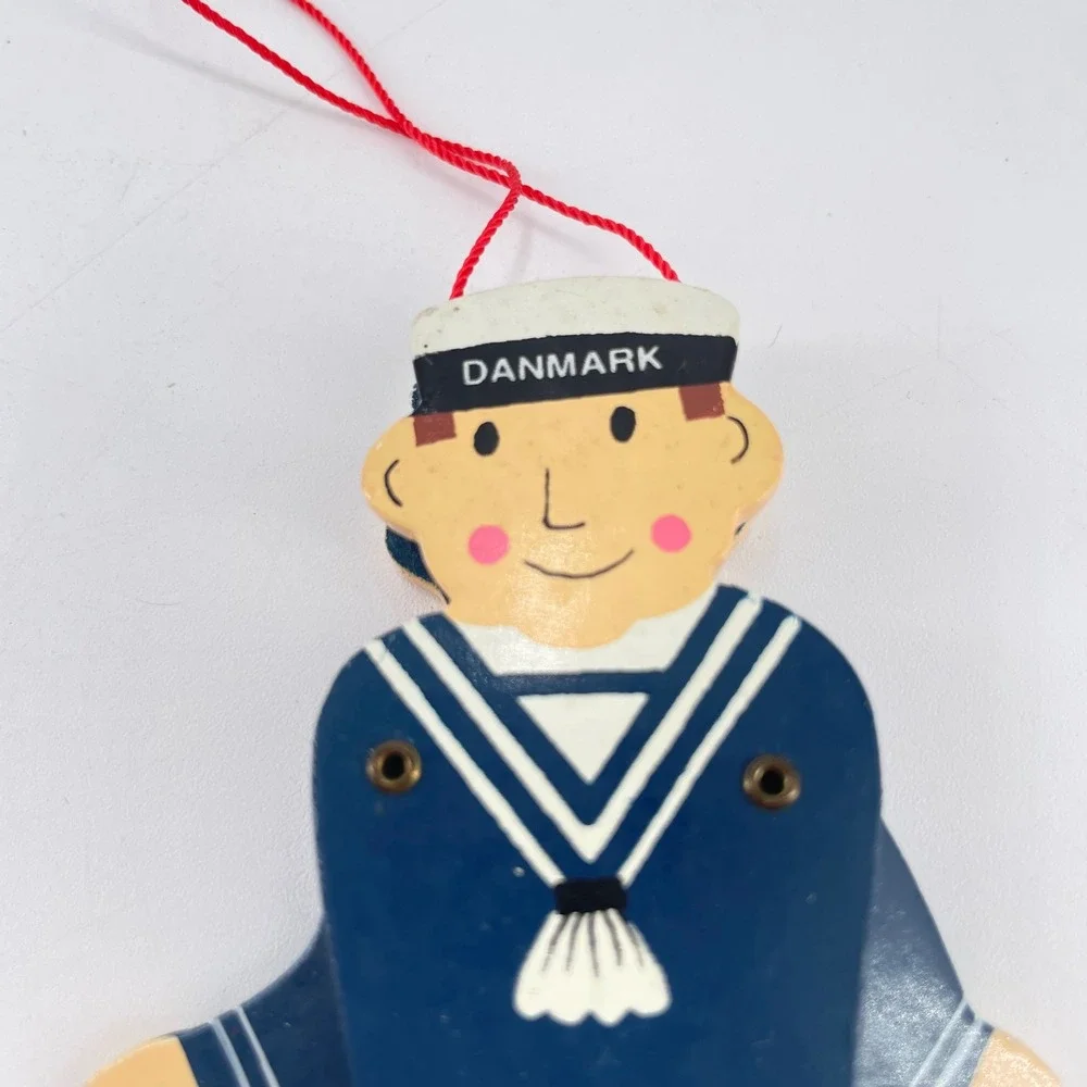 Vintage Danish Wooden Sailor Jumping Jack Ornament Danmark Hand Painted Toy